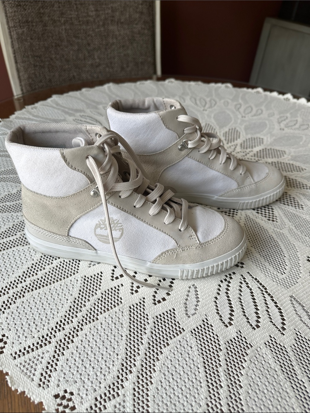 Timberland Women's High-Top Sneakers in White and Light Beige - worn once